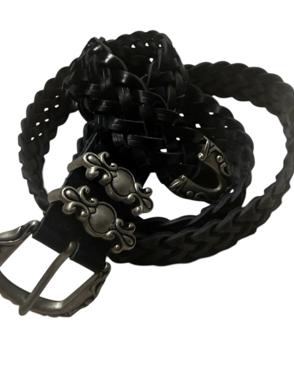 Vintage Black Braided Leather Belt with Silver Decorative Buckle